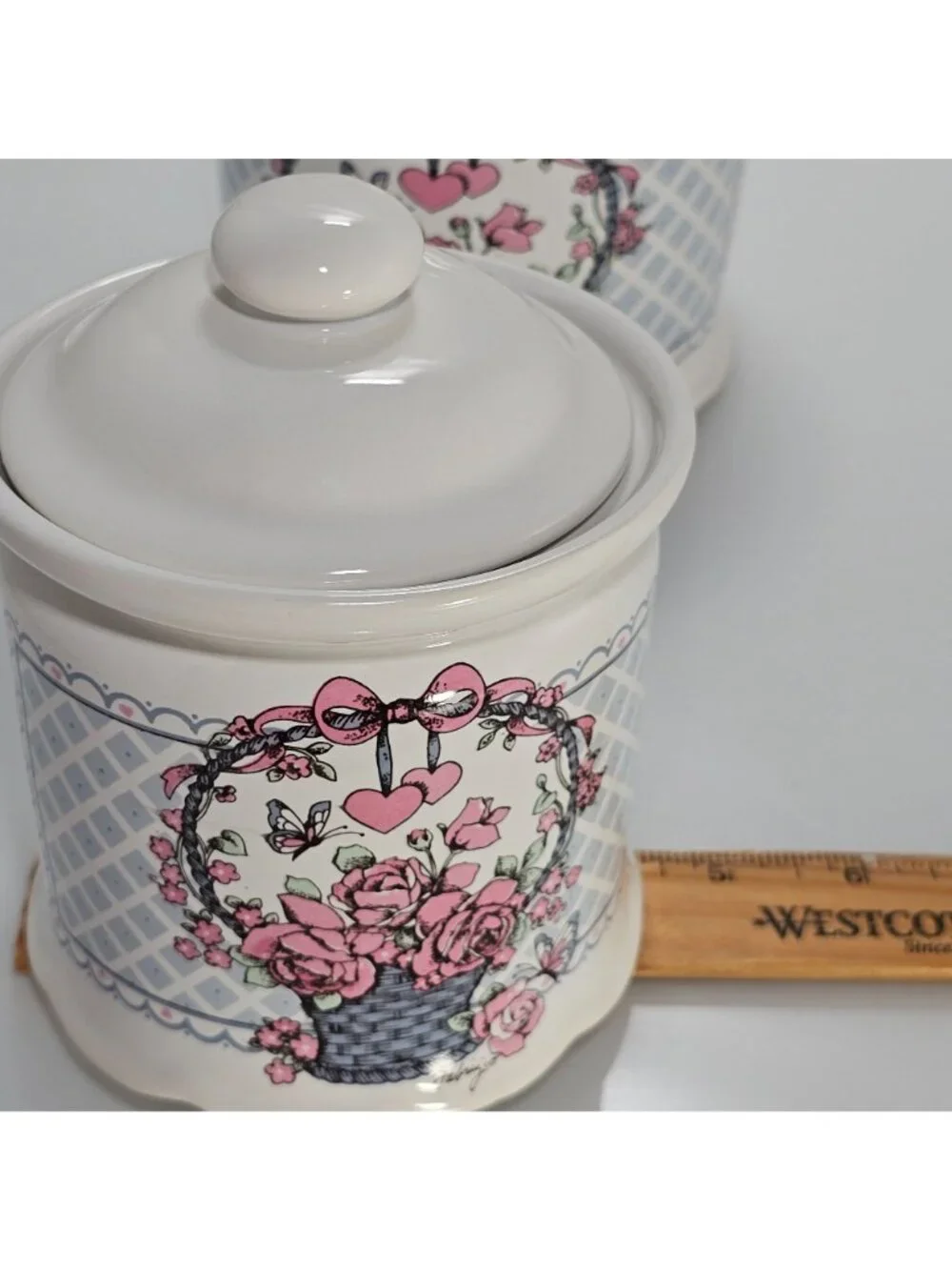 1980s Canister Set /2 Veranda Hearts Roses Basket Cottagecore vtg kitchen storag